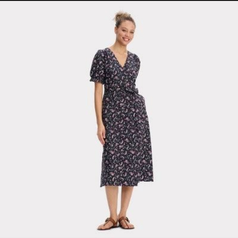 Women's Puff Short Sleeve MIDI Wrap Dress - Universal Thread™ Black Paisley - L